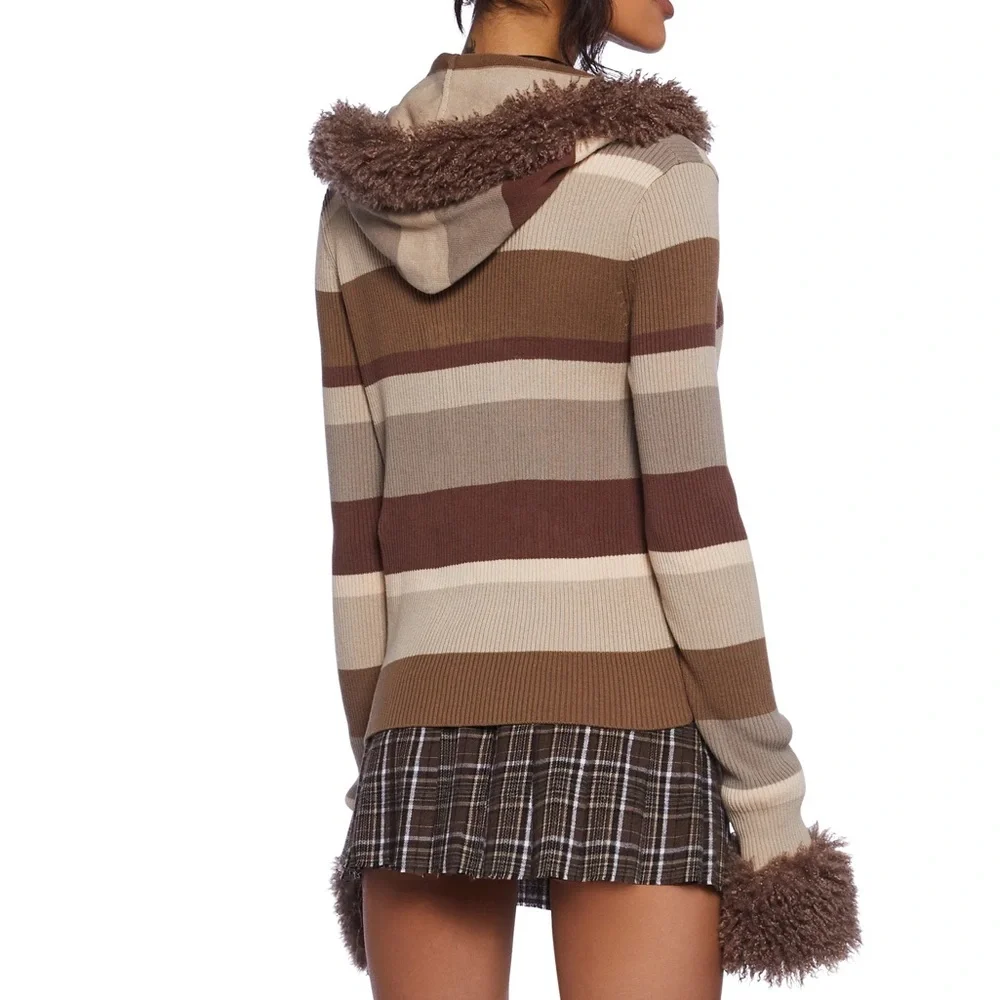 Ribbed Striped Brown Women's Jacket with Sherpa Fur Trim sz medium - Picture 4 of 4